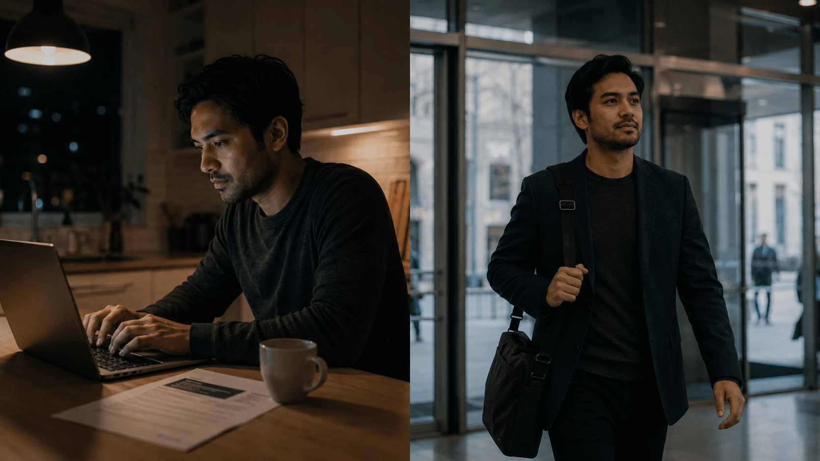 Split image: a person reviewing a job posting on a laptop late at night, then walking confidently into a modern office the next morning